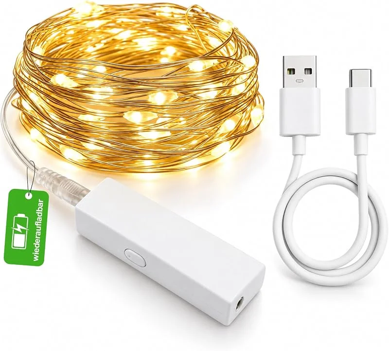 Visita la tienda de Auting Auting Mini cadena de luces con batería recargable, 5 m, 50 ledes, 1 unidad — Luces Navidad