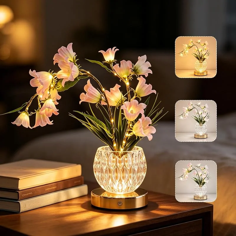 BVI BOOMERVIVI Lámpara de mesa, girasol, 3 colores, lámpara de mesita de noche, pantalla táctil, de cristal, con jarrones, regulable, lámpara de escritorio, recargable, inalámbrica, regalo romántico para damas — Cena a la luz de velas