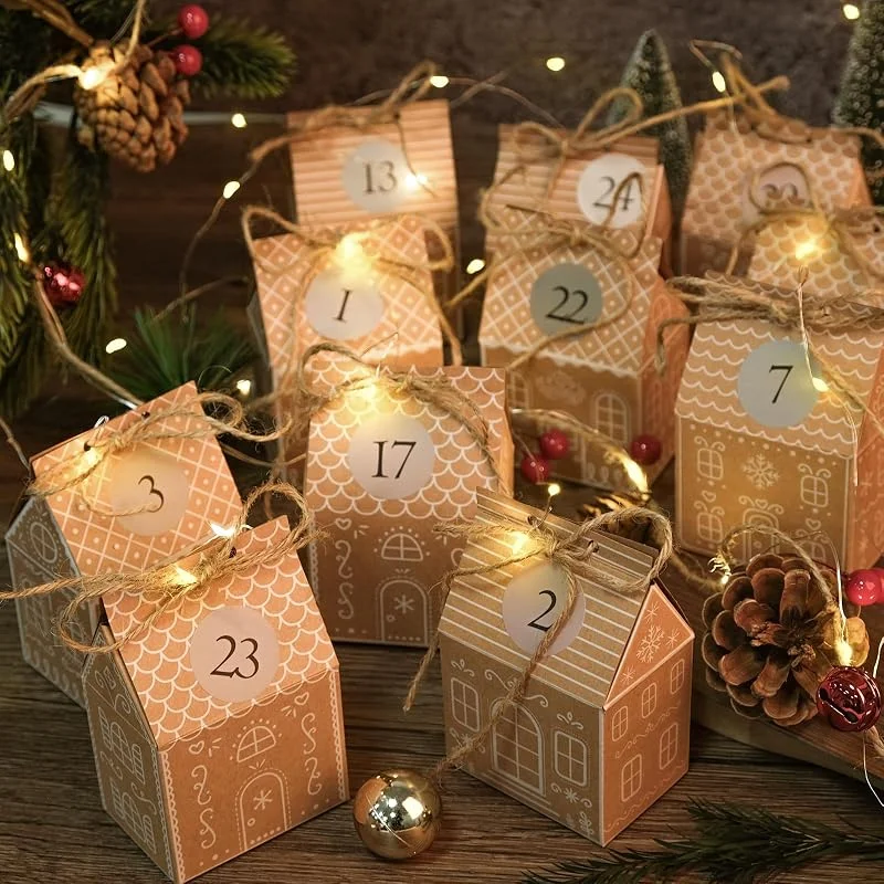 Visita la tienda de RUBY RUBY Calendario de Adviento, 24 casitas de jengibre DIY, Calendario de Adviento infantil con pegatinas navideñas y cordel de yute, Adecuado para Navidad — Adviento y mesa