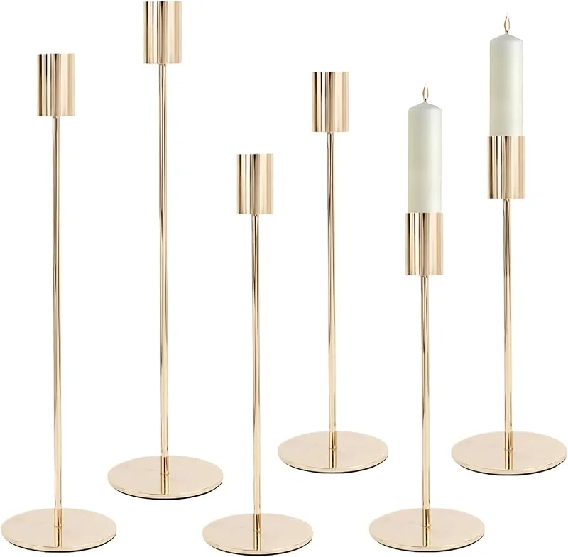 Xinxinphi 6Pcs Candelabro Dorado 32, 27, 22cm para Velas 2.2cm, Candelabros Decorativo Metal Alto Estilo Retro, Decoración Portavelas Oro Vintage para Bodas, Cumpleaños, Casa Hogar Comedor, Fiestas, Cenas, Navidad — Cena a la luz de velas