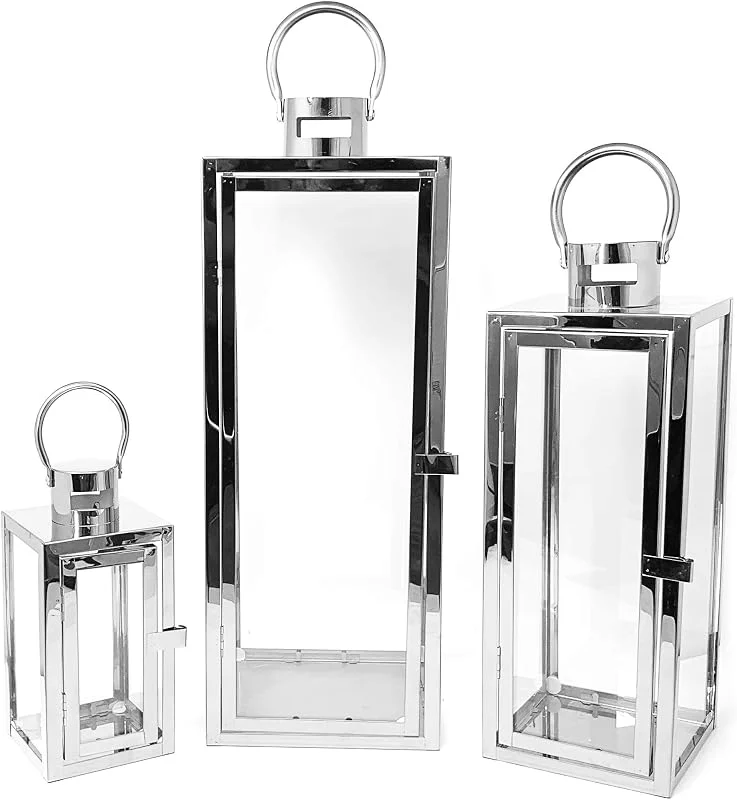 allgala Juego de 3 faroles de Vela de huracán para Interiores y Exteriores con Estructura cromada y Vidrio Templado, Plata cuboide, HD88012 — Cena a la luz de velas