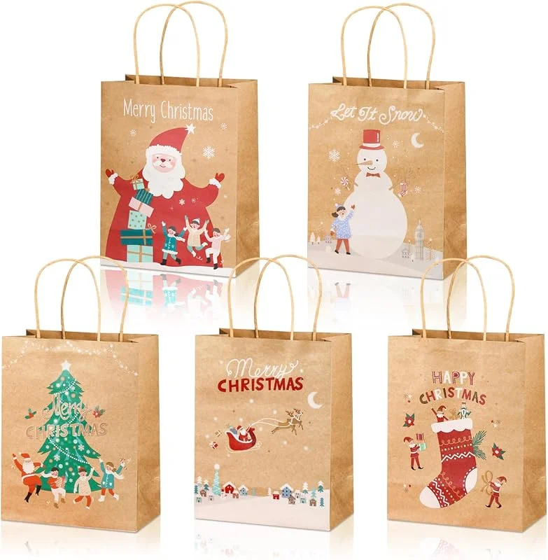 Ntwdby Bolsas Regalo Papel Kraft Navidad con Asas, 15 Piezas Bolsas Regalo Navidad Kraft, 23 x 18 x 9.5 cm, Bolsas Krafts Navidads Reutilizables, para Envolver Regalos, Dulces y Aperitivos — Envoltorio regalo