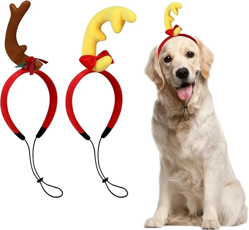 Visita la tienda de QKURT QKURT 2 Piezas Diadema De Navidad para Mascotas, Diadema de Cuernos de Reno para Perros-Disfraz de Navidad para Perros Medianos y Grandes, Ajustable para Fiestas y Decoraciones(Marrón y Amarillo) — Ropa Navidad