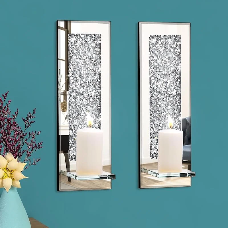 Pibeyer Crystal Crush Diamond - Juego de 2 portavelas rectangulares Plateados con Espejo, decoración de Pared para Sala de Estar, Comedor y Dormitorio — Cena a la luz de velas