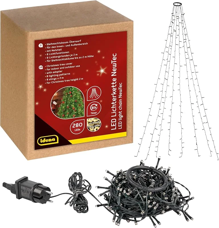 Visita la tienda de Idena Idena 31108 - NewTec LED fairy lights para interior y exterior con 280 LED en blanco cálido, árbol de Navidad con 8 cuerdas, 8 ajustes de luz, fuente de alimentación y temporizador de 8 horas — Luces Navidad