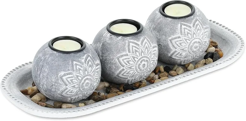 Visita la tienda de Relaxdays Relaxdays Set Portavelas con Bandeja y Piedras Decorativas, 35 cm de Largo, 3 Velitas, Decoración de Mesa, Gris, Blanco — Cena a la luz de velas
