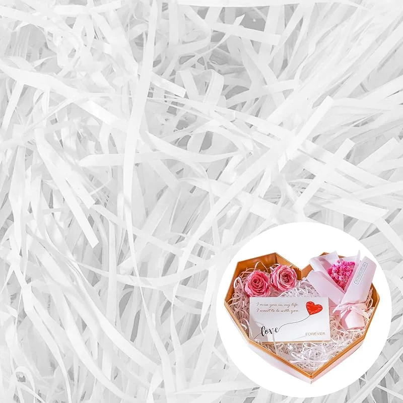 Cinvo 200gramos de papel triturado de confeti de papel de seda de rafia filamentos de corte fino para caja de regalo, decoración de embalaje, relleno de cesta de relleno, suministros de fiesta (blanco) — Envoltorio regalo