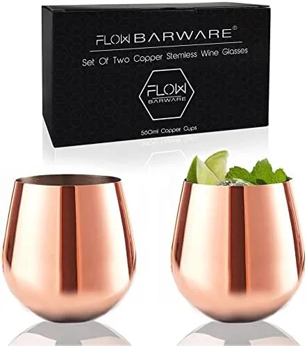 FLOW Barware Copas de vino de cobre, Juego de 2 copas de vino sin tallo de acero inoxidable, Copas de Cobre para Vino Tinto, Vino Blanco y Mula de Moscú, Vaso de cobre a prueba de derrames, tazas de cobre — Vino y mesa festiva