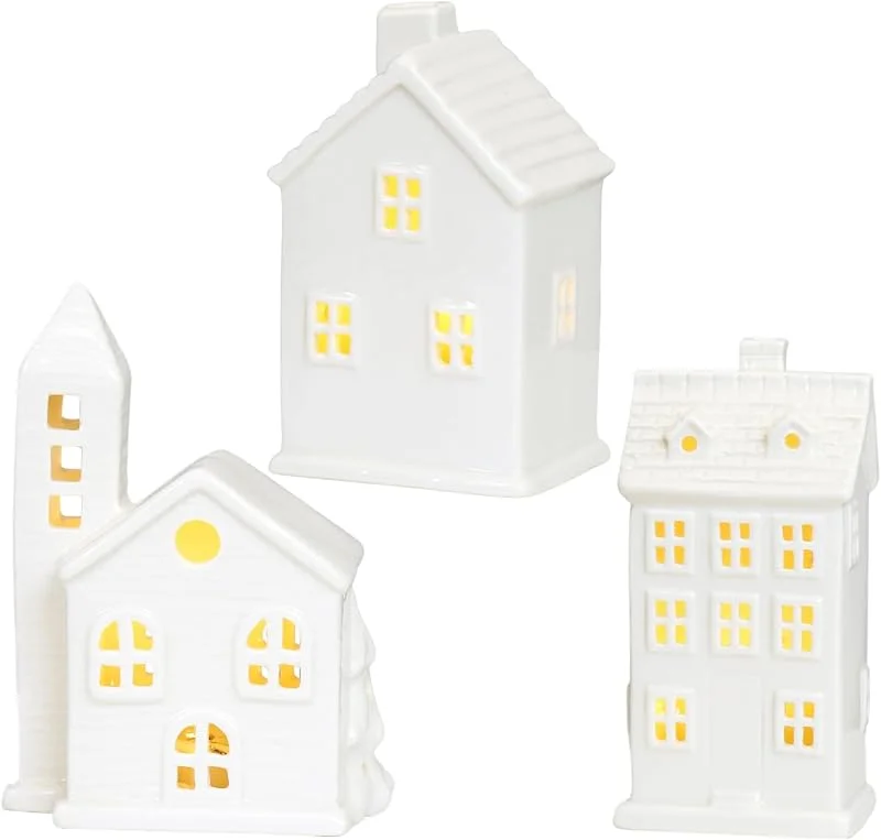 StaZamor 3 Casas de Pueblo de Navidad de cerámica Blanca con Luces LED, Juego de casa de Navidad con iluminación de Porcelana para exhibición de Mesa en el hogar, decoración Interior Festiva — Decoracion Navidad