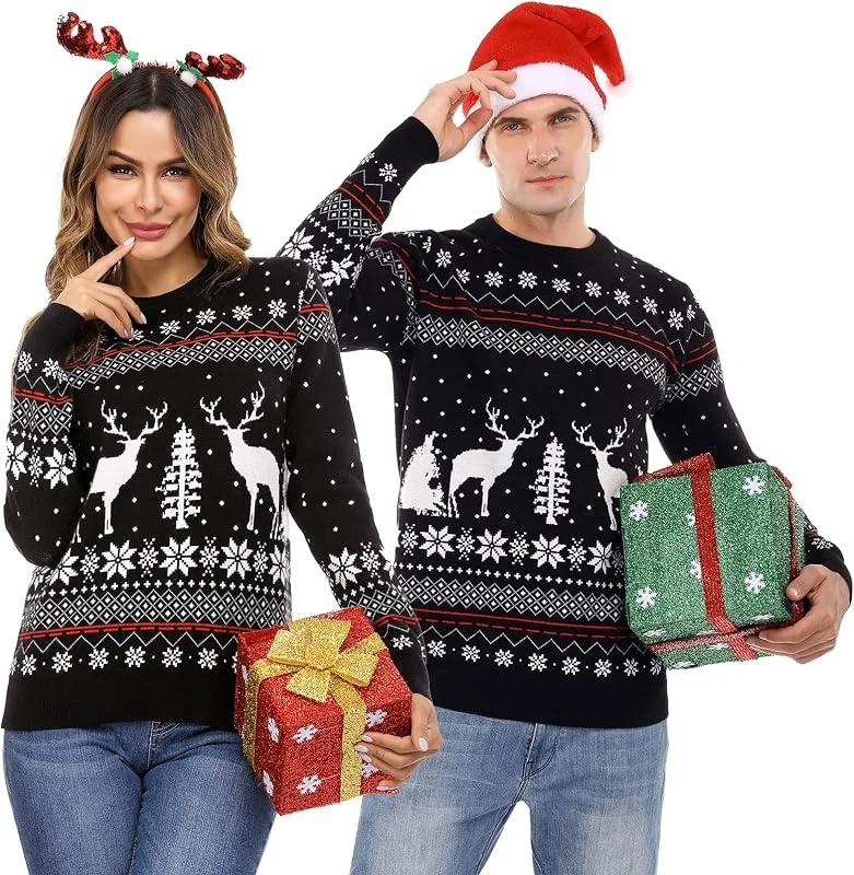 Visita la tienda de Totatuit Totatuit Suéter de Navidad de Cuello Redondo Mujer Hombre Invierno Jersey Manga Larga Elegante Retro Sweater de Navidad Pullover Casual Christmas Sweater Parejas para Otoño Invierno — Ropa Navidad