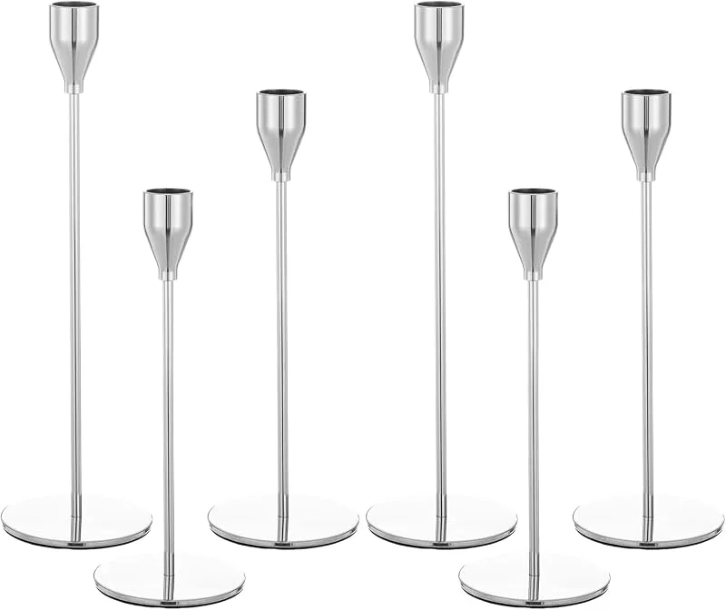 Lumaycens Juego de 6 portavelas plateados, candelabros franceses para velas cónicas, portavelas para velas de 3, 4 pulgadas de grosor, portavelas para bodas, fiestas, decoración del hogar, cena a la luz de las — Cena a la luz de velas