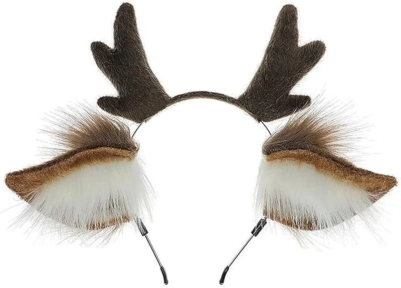 Dodheah Diadema de Cuernos de Reno Orejas Diadema Navideña Decoración de Disfraces Animales Cosplay para Adultos Caqui Blanco — Ropa Navidad