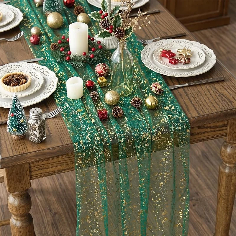 XELGAM Camino de Mesa Verde y Dorado 70x300 cm, Elegante Camino de Mesa Navidad para Decoración Mesa Comedor, Fiestas, Bodas y Cumpleaños, Caminos de Mesa con Estampado Dorado — Hogar y cocina