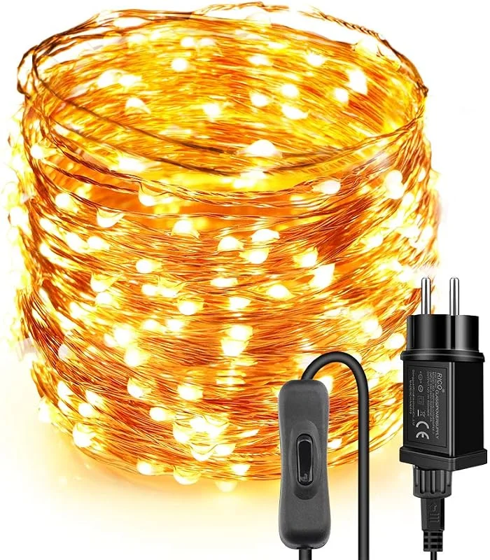 Visita la tienda de Moobibear Moobibear Cadena de luces LED Blanco Cálido, Guirnalda Luces Exterior 30m 300 leds, IP65 Impermeable, Alambre de Cobre para Decoración, 12V, Con Enchufe y Interruptor — Luces Navidad