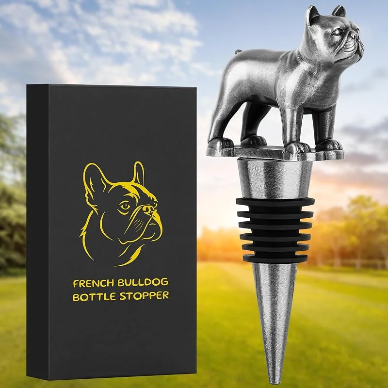 Visita la tienda de LKKCHER LKKCHER Tapón de vino de bulldog francés, regalos de vino para hombres, padres, mujeres, amantes de los bulldog, tapones para botellas de vino champán, regalos de cumpleaños, plata oscura — Vino y mesa festiva