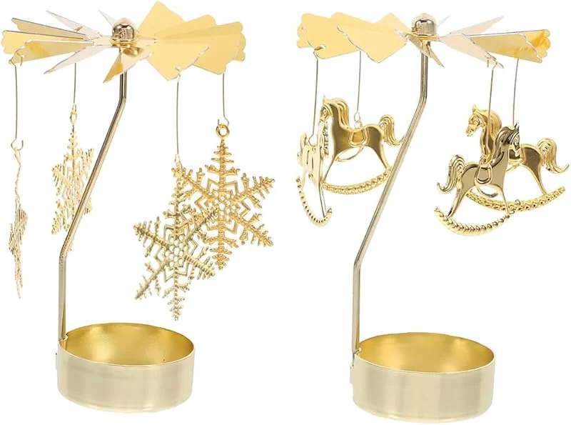 HMLFDC Portavelas Giratorio, 2 Piezas Portavelas Decoracion Motivo Carrusel y Nieve, Centro Mesa Decorativo para Halloween Navidad Cumpleaños Bodas (Velas Diámetro) 4, 6cm — Cena a la luz de velas