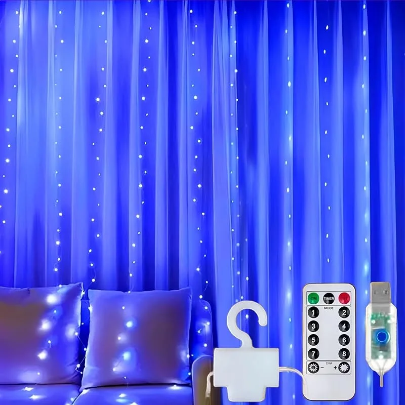Clearhill 3 tiras de 3 luces de cortina, 300 LED, morado, 8 modos de luces colgantes con control remoto y temporizador, funciona con USB (Blue, 3 * 3 ) — Luces Navidad