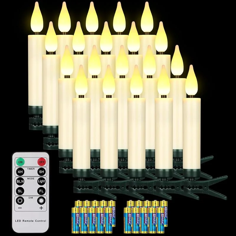 Yunsheng 20 velas LED para árbol de Navidad inalámbricas con mando a distancia, temporizador, funciona con pilas, parpadeo sin llama, guirnalda de luces de Navidad, IP64 (contiene 20 baterías) — Luces Navidad