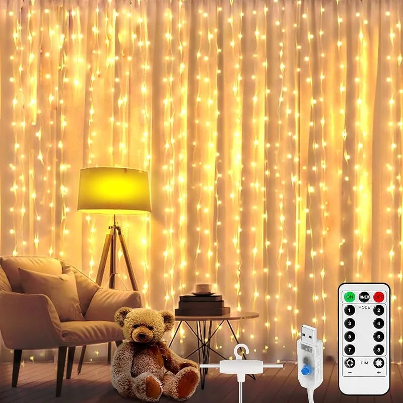 Aicharynic Cortina de Luces LED 3x2m, 200 LEDs, 8 Modos, IP65 Impermeable - Cadena de Luces USB para Decoración de Casa, Fiestas, Navidad, Bodas — Luces Navidad
