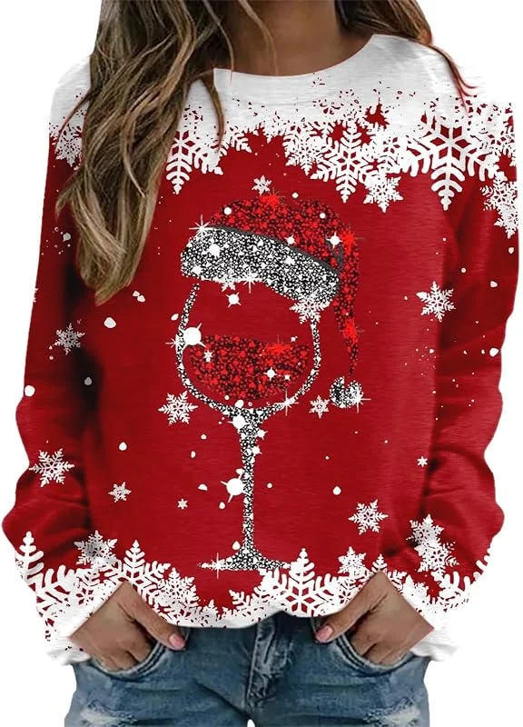 Generisch Jersey de Navidad para mujer, sudadera navideña, cuello redondo, camiseta de manga larga, elegante, para mujer, niña, blusa, tops de primavera — Ropa Navidad