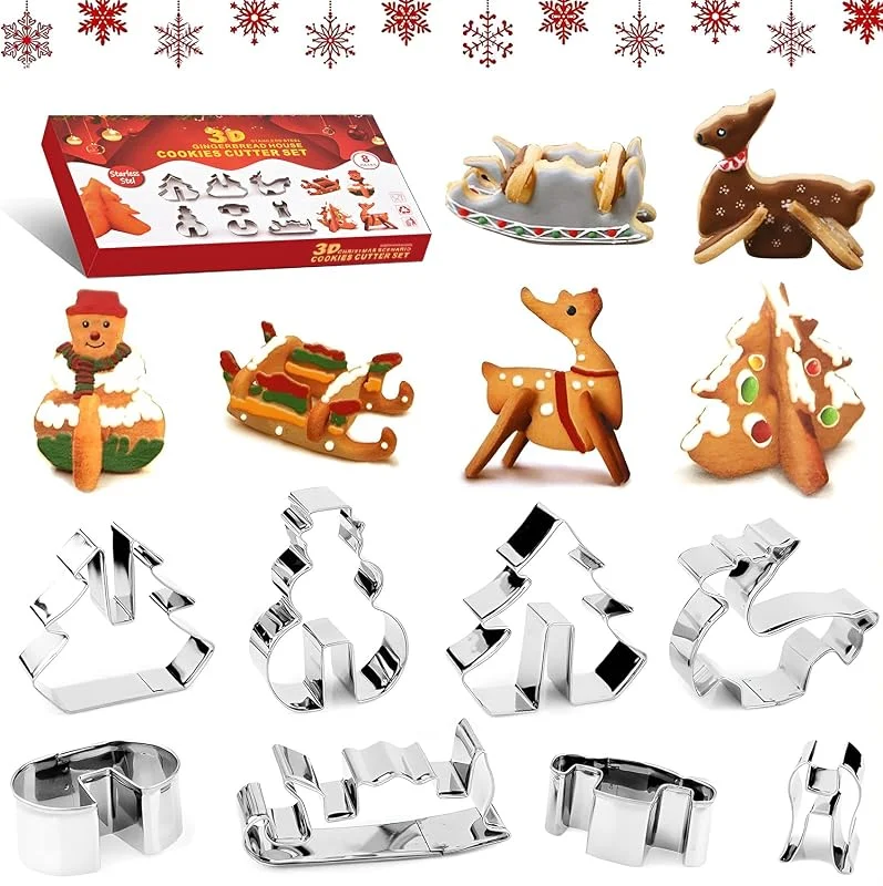 Veszoen 8 Piezas Cortadores de Galletas de Navidad 3D Cortador Galletas Molde de Galletas Navideñas Moldes para Galletas de Acero Inoxidable para Cookie, Fondant y Hornear — Hogar y cocina