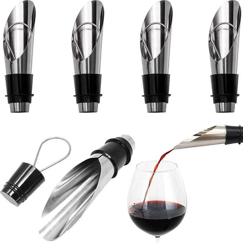JEYORZY 5 Piezas Vertedor de Acero Inoxidable, con 5 tapon botella cava, tapon champán, tapones vino, Botellas Cónica Boquillas Anti-Goteo Dispensador, que mantiene el vino y el champán frescos — Vino y mesa festiva