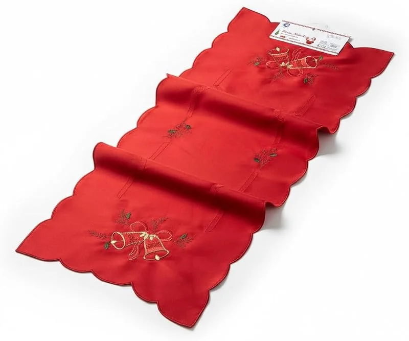GMM Camino de mesa de Navidad, mantel para la mesa de Navidad rojo, mantel navideño rojo, mantel decoración navideña (38 x 85 cm) (bordado de campanas) — Hogar y cocina