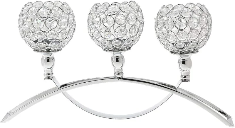 POFET - Candelabro de cristal plateado de 3 brazos con cuencos de cristal, portavelas decorativo, candelabro para Navidad, Halloween, boda, cena, hogar, oficina — Cena a la luz de velas