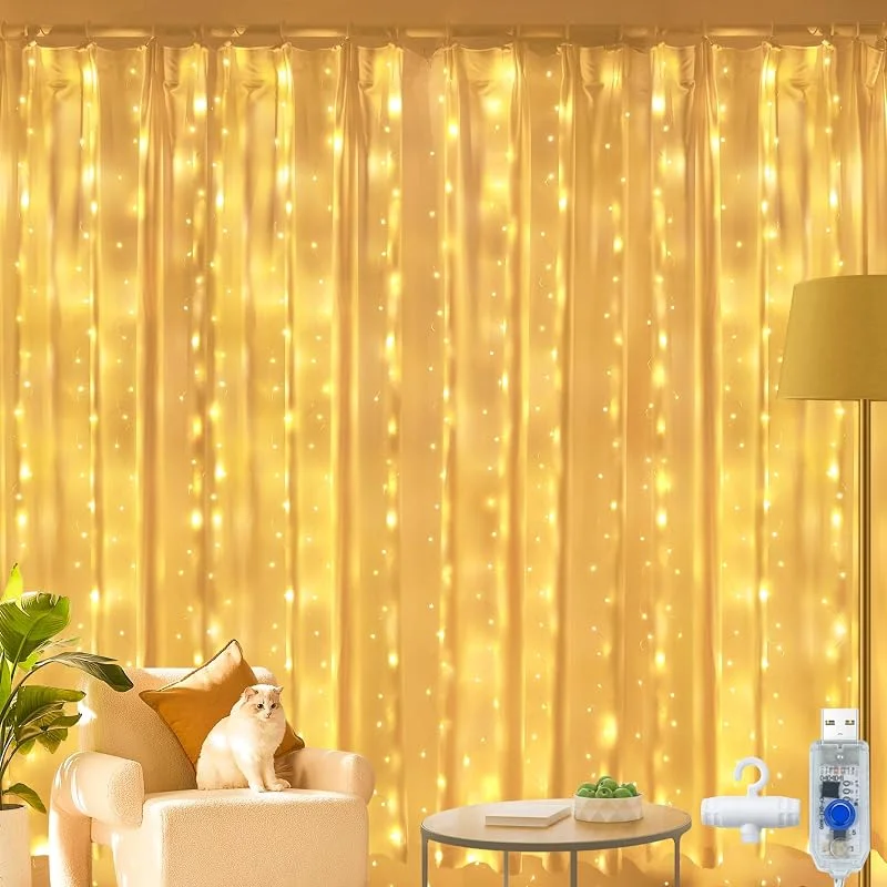 Ollny Cortina de Luces LED 2x2m, 200 LEDs, USB, Luz Blanca Cálida, Cadena de Luces Con 10 Ganchos Para Interior y Exterior, Decoración de Navidad, Boda, Fiesta — Luces Navidad