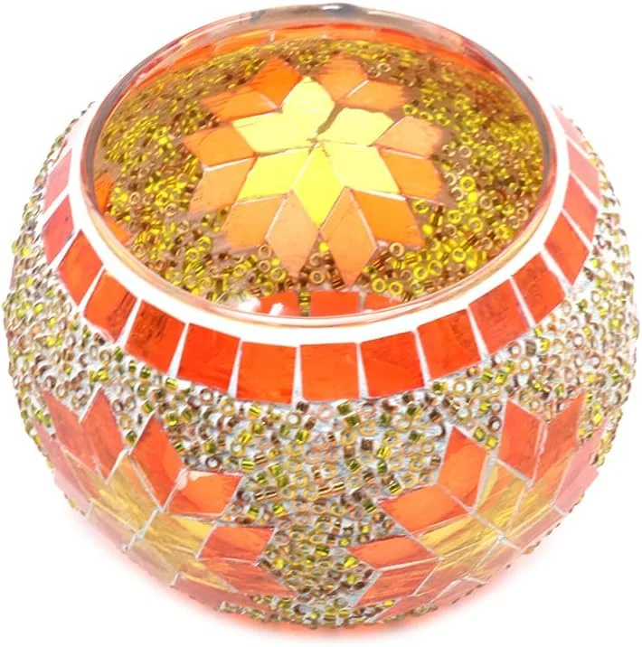 ANCLLO Portavelas de cristal redondo de mosaico, hecho a mano, copo de nieve, centro de mesa a granel para decoración del hogar, boda (naranja) — Adviento y mesa