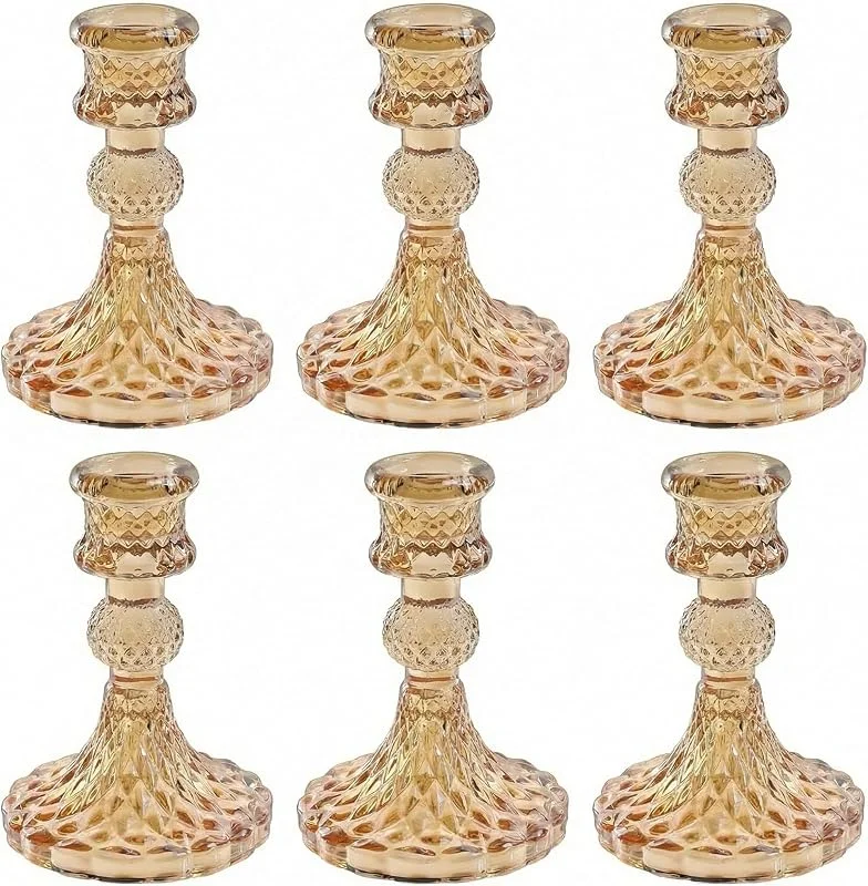 Olrla Juego 6 Portavelas Cristal Ámbar Transparente para Velas Varilla — Cena a la luz de velas