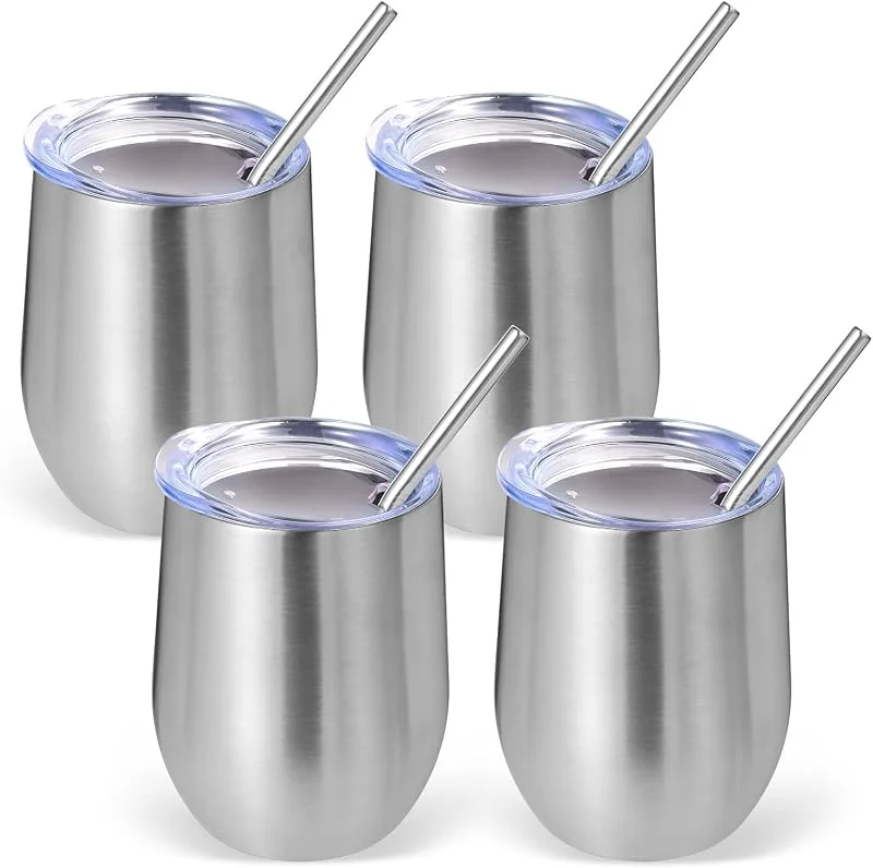 Visita la tienda de Volhoply Volhoply - Vaso de vino de acero inoxidable de 12 oz con tapa, 4 unidades a granel, vasos de vino sin tallo de doble pared al vacío, taza de café reutilizable de metal para viajes con pajita, vasos — Vino y mesa festiva