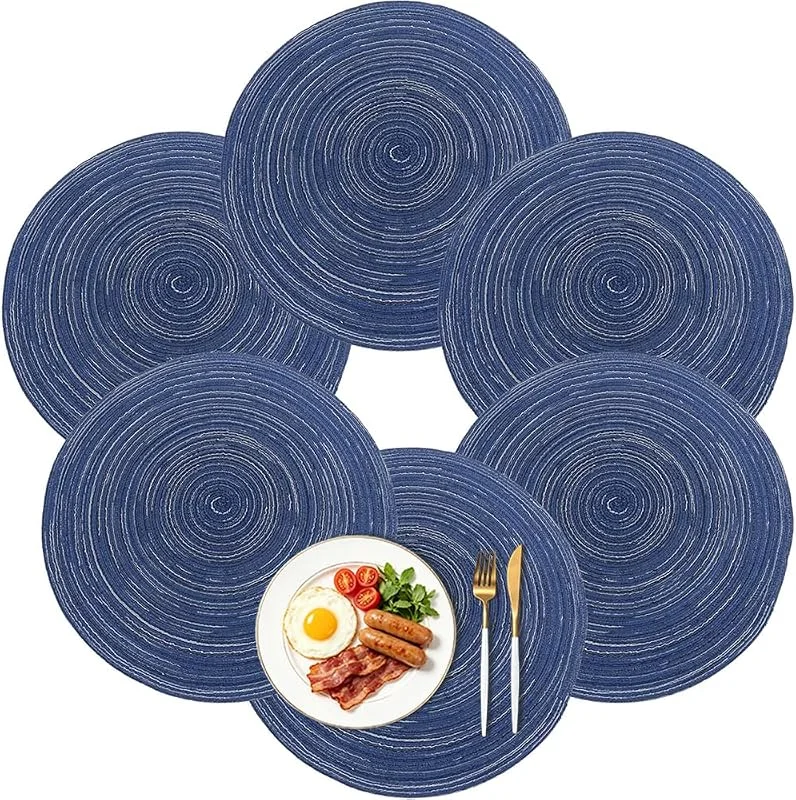 NyShine Manteles Individuales, Juego de 6, diseño de Redondos de Algodón Natural, para Mesa de Comedor Decoración de Boda, 37 * 37 cm (Azul) — Hogar y cocina