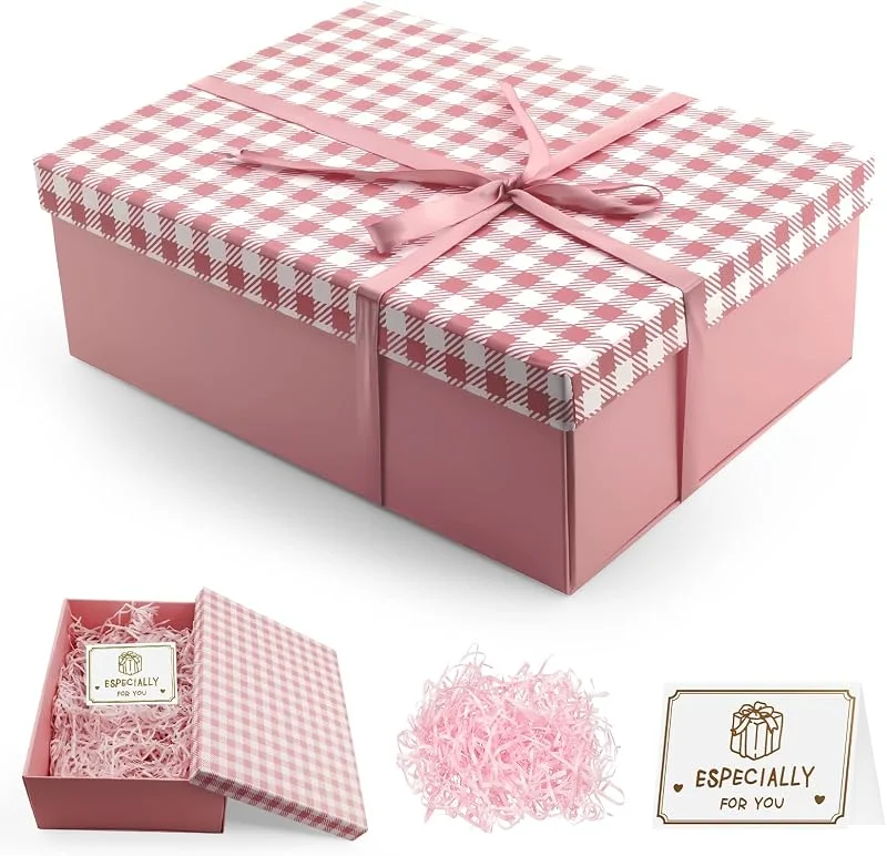 MOSTFUN Caja Regalo con Tapa, 25 x 18 x 8.5 CM Plegable Cajas de Regalo, Cajas Regalo Carton con Lazo Cinta Tarjetas de Felicitación Rafia, para Cumpleaños Boda Navidad Aniversarios Fiestas (Rosa) — Envoltorio regalo