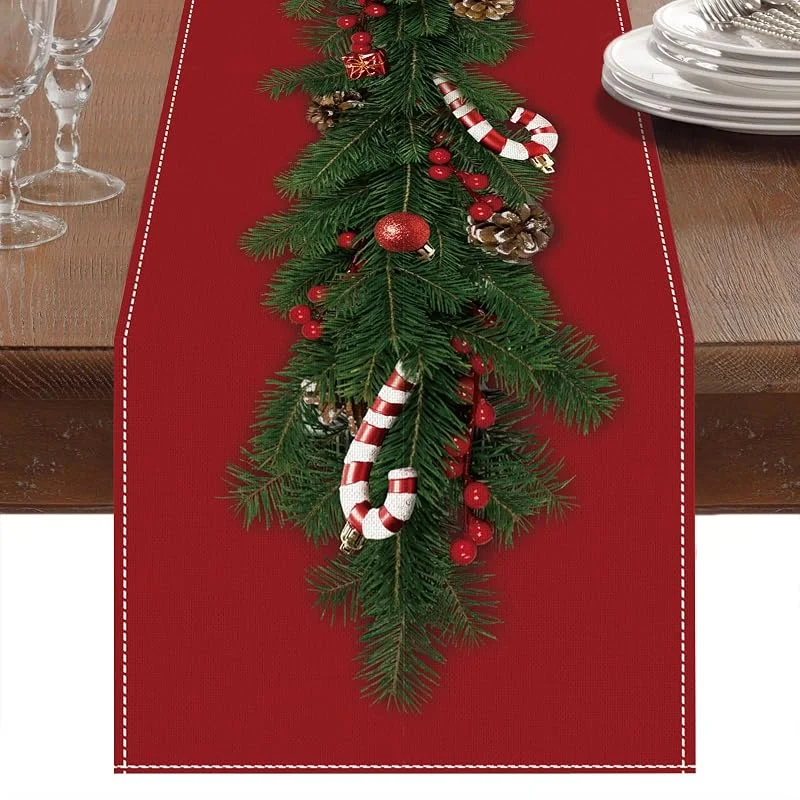 Visita la tienda de Patimate Camino de Mesa Navideño de Lino Rojo Con Estampado de Bastones de Caramelo y Campanas de Árbol, Adornos Largos para Decoración de Mesa de Cena (230x33cm) — Hogar y cocina