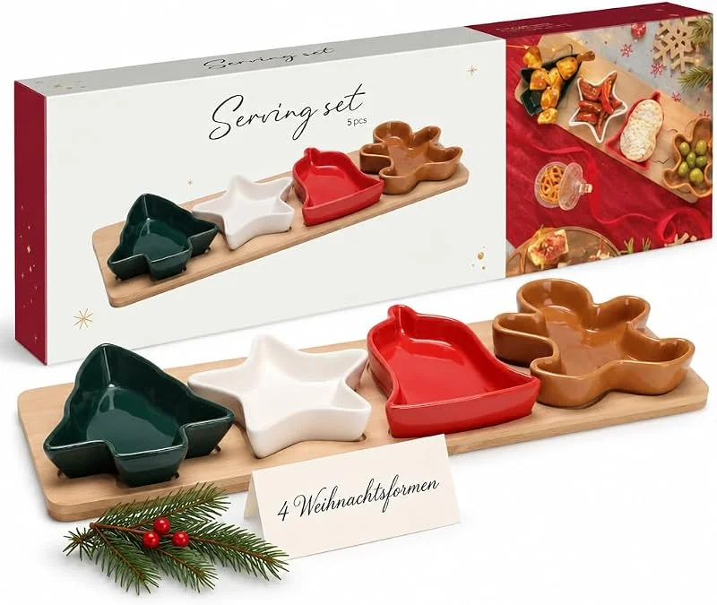 MIJOMA Juego de 5 cuencos de porcelana en forma de árbol, estrella, campana y pan de jengibre en bandeja de madera, colorido juego de aperitivos y salsas para ocasiones festivas — Hogar y cocina