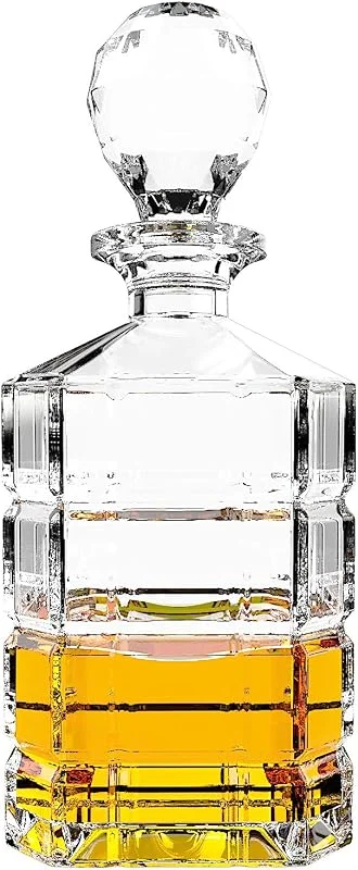 OliBoPo Decantador de vidrio con tapón geométrico hermético - Jarra de whisky para vino, bourbon, brandy, licor, zumo, agua, enjuague bucal, vidrio italiano sin plomo (900 ml) — Vino y mesa festiva
