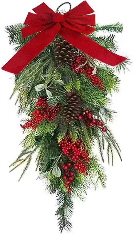 DAZZLEEX Corona de Navidad en forma de gota de 45 cm, 75 cm con bayas rojas y detalles de felpa, decoración navideña de plástico para puerta delantera, chimenea, escaleras o decoración festiva de pared — Decoracion Navidad