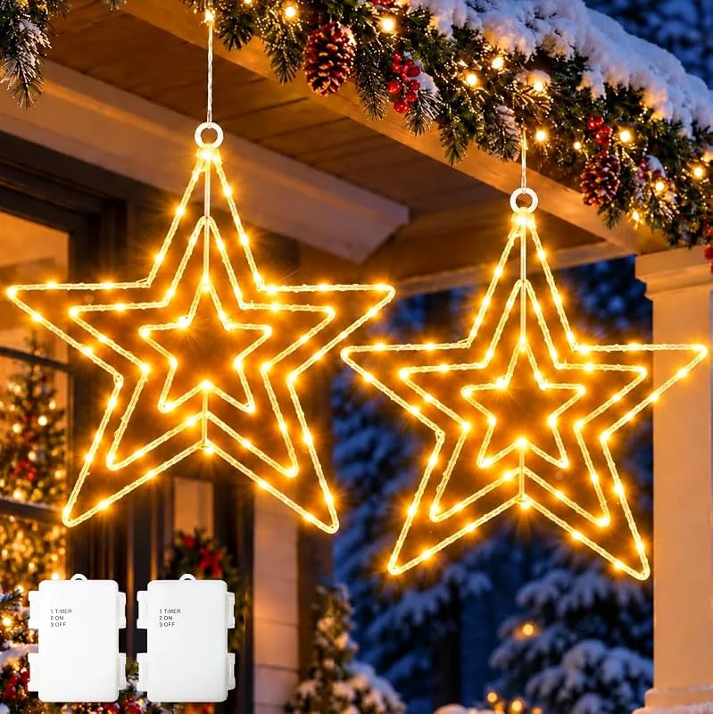 Yowin Luces Ventana Navidad 2 Piezas LED Estrella Navidad Exterior Pilas — Decoracion Navidad