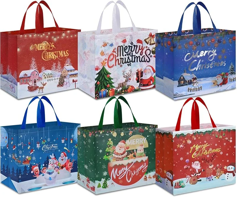 Ahfulife 6pcs Bolsa de Regalo Navideño, 36×40×15 cm Grande Bolsas de Regalo para Fiestas, Reutilizables, Impermeables, para Navidad, Fiestas de Eventos, Bolsas de Pastel con Manijas — Envoltorio regalo