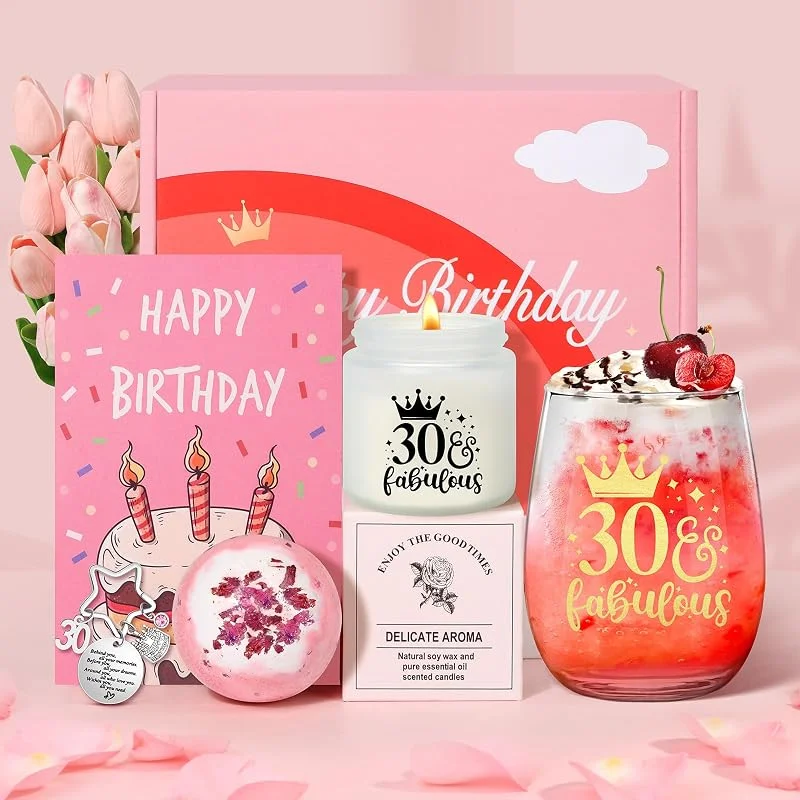 Tecanne Regalos de cumpleaños número 30 para mujeres, regalos de cumpleaños para ella, juego de regalo de copa de vino de 30 años, caja de regalo de ginebra para mamá, hermana, mejores amigas — Vino y mesa festiva