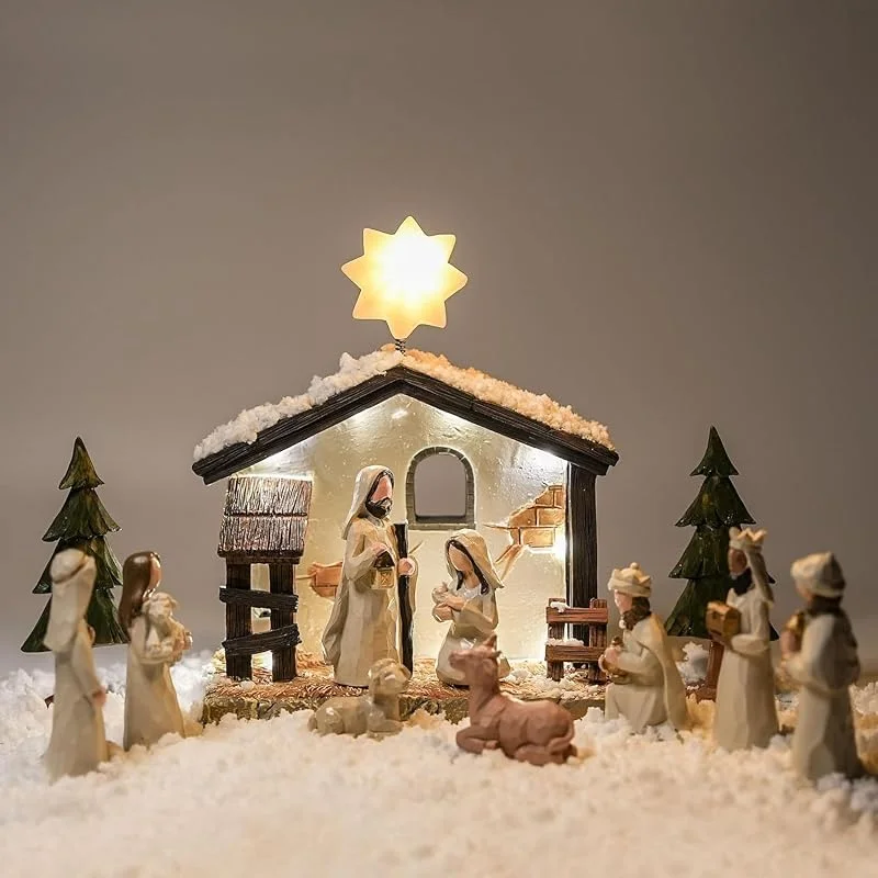 WANCHIY Juego de belén y Figuras de belén con Luces LED, belén Interior con Pesebre, Juego de belén de Navidad para Interiores, decoración de Navidad para Interiores — Decoracion Navidad