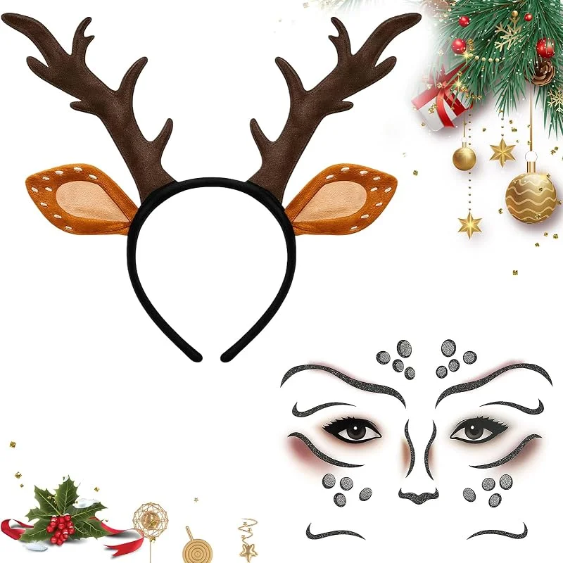 MUNSKT Diadema de cuernos de reno de Navidad, cuernos de ciervo, orejas de cuernos, tatuaje facial, orejas de animales marrones, tatuaje de cara de ciervo, diadema de cuernos de ciervo, disfraz de — Ropa Navidad
