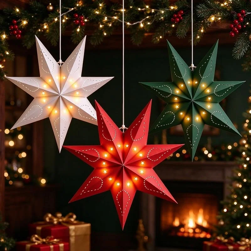 Qanye 3 estrellas de papel 3D de 35 cm, color blanco, rojo y verde — Decoracion Navidad