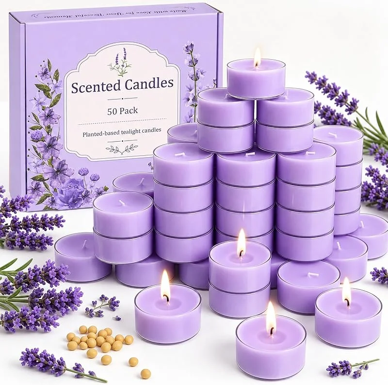 Phyonoloy Juego de 50 velas de té, aroma de lavanda, 4 horas de combustión — Cena a la luz de velas