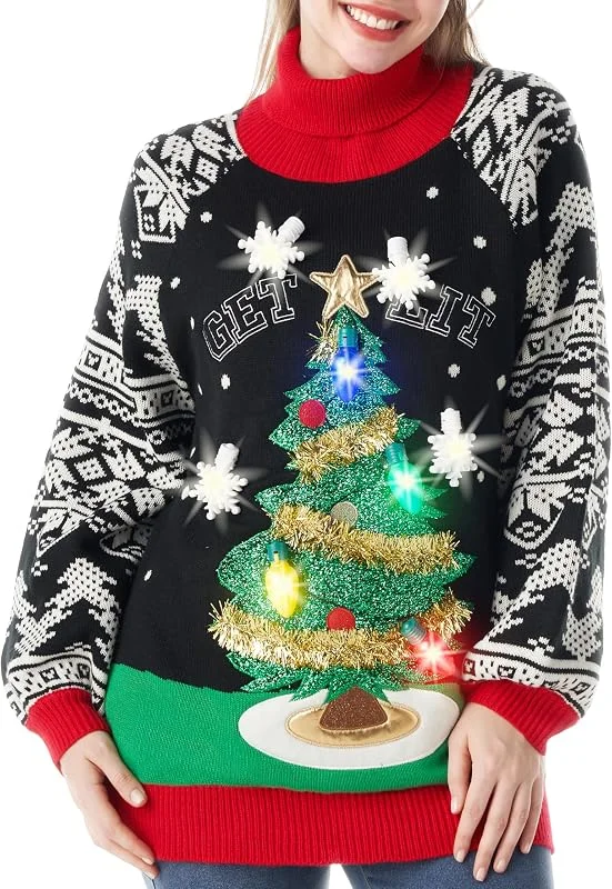 Visita la tienda de JOYIN JOYIN Mujer resplandor suéter feo vestido largo suéter con divertido árbol de Navidad 3D y bombillas de novedad, suéter negro de manga larga de Navidad patrón de punto — Ropa Navidad