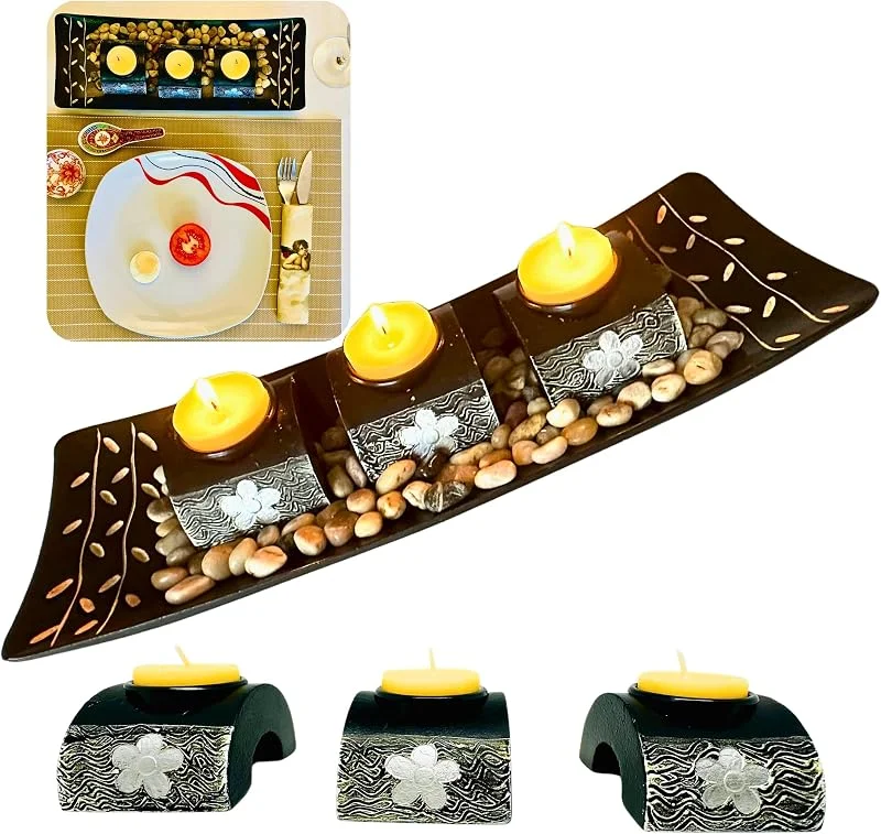 Visita la tienda de Esthelar Select Portavelas Jardín Zen de Madera – Regalo Adorno para el Hogar – Centro de Mesa Decorativo para Salón, Comedor – Soporte Vintage para Velitas Pequeñas de Té Yoga Meditación Rituales Espirituales — Cena a la luz de velas