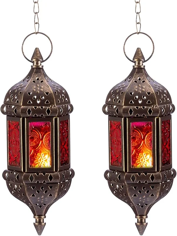Visita la tienda de Nuptio Nuptio Linterna Vela Marroquí Candelabros Colgantes para Velas Té 2 Piezas Lámpara Ramadán Metal y Vidrio, Farolillos Decorativos Marrones Velas para Sala Balcón Patio Decoraciones Navideñas — Cena a la luz de velas