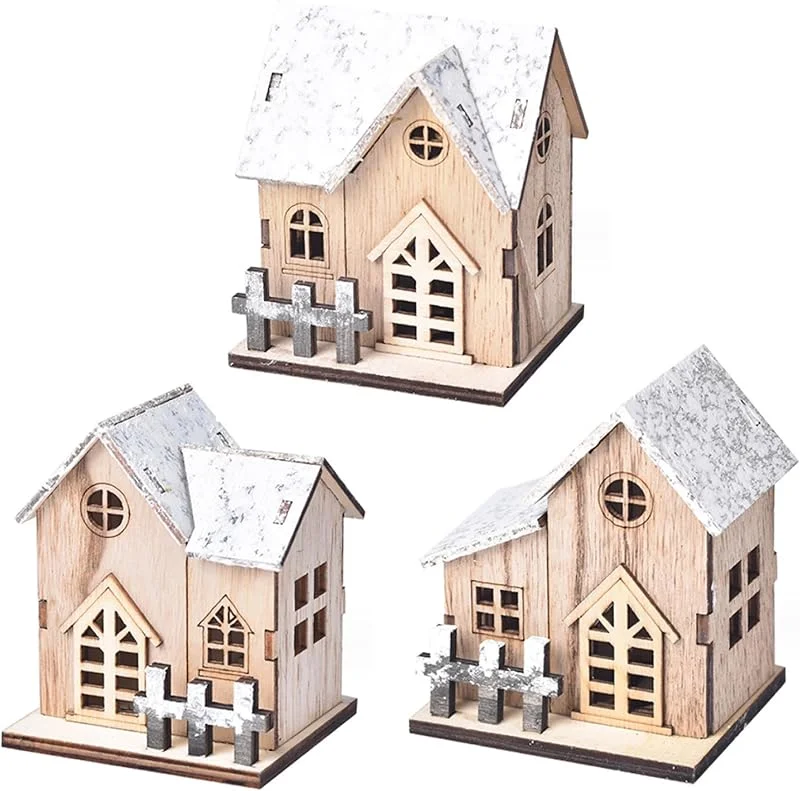 Wedhapy Juegos De Pueblos Navideños Casas De Pueblo Navideños 3 Piezas De Madera con Luz LED Escena De Pueblo Funciona con Pilas Mini Decoraciones De Casas Navideñas para Mesa Ventana Dormitorio — Decoracion Navidad