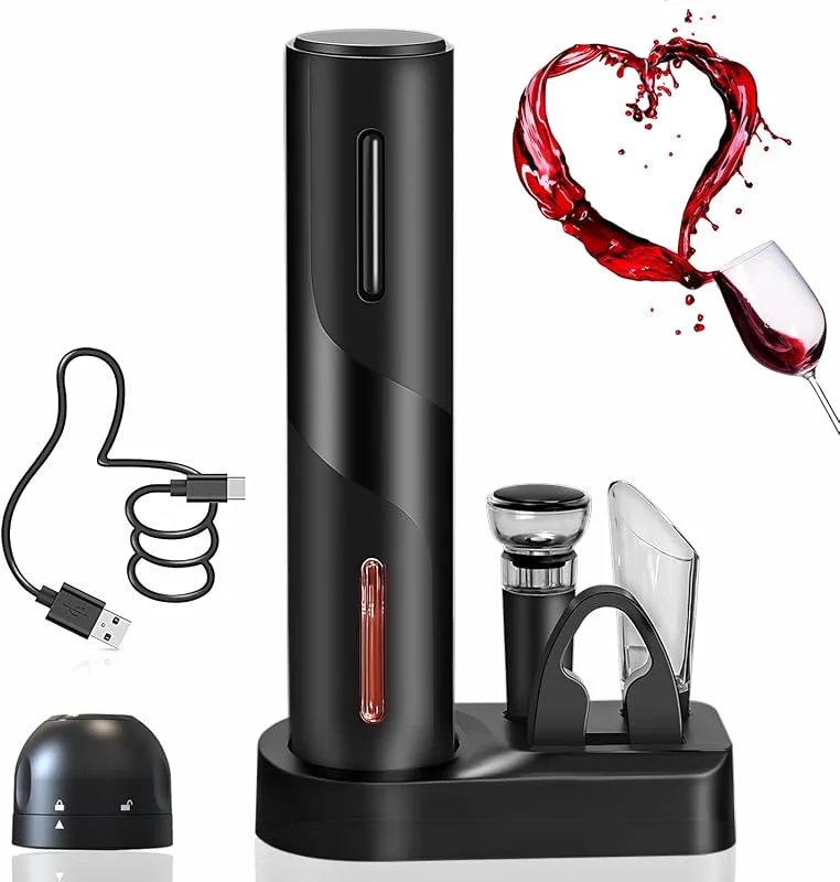 Visita la tienda de ZOYIDOUX ZOYIDOUX Abridor de vino eléctrico recargable 7 en 1 Juego de regalo, Sacacorchos eléctrico con base, cortador, tapón de vacío de silicona, tapones de champán, vertedor, línea USB — Vino y mesa festiva